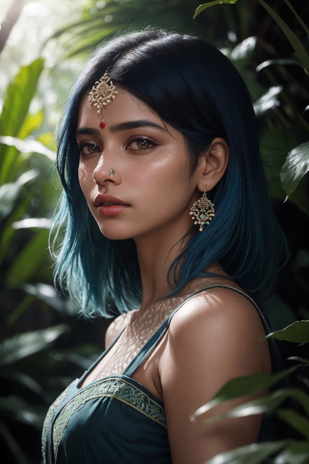 26072334-3889919804-fashion photography portrait of indian girl with blue hair, in lush jungle with flowers, 3d render, cgi, symetrical, octane rend.png